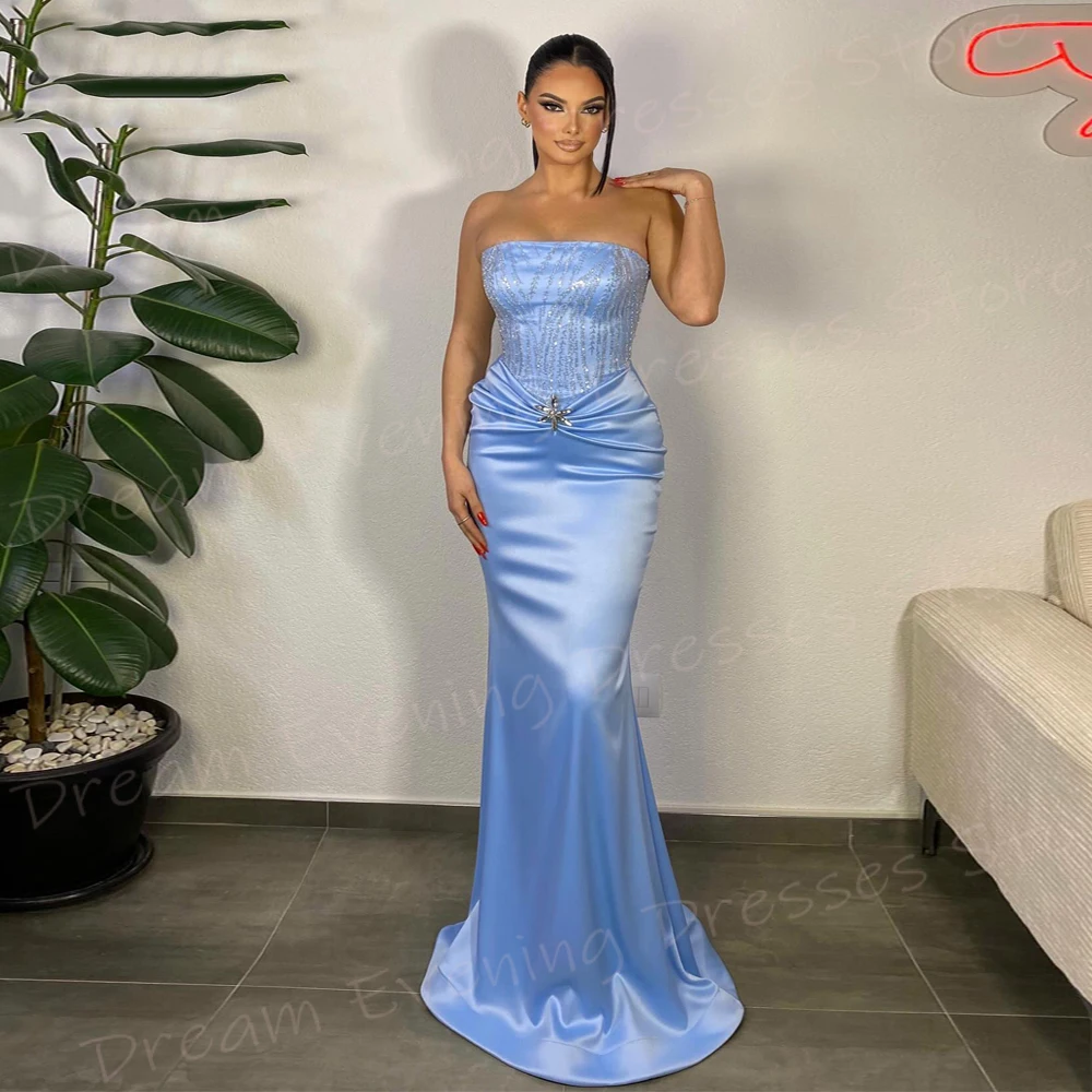 

Fascinating Blue Mermaid Beautiful Women's Evening Dresses Strapless Sleeveless Prom Gowns Beaded Formal Party Vestido De Noche