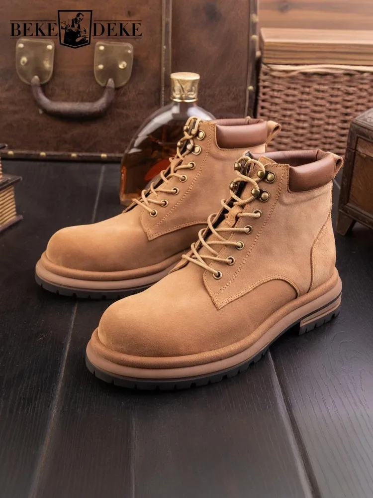 

Vintage Genuine Leather Cow Suede Boots Male High Top Shoes Lace Up British Style Outside Platform Casual Cargo Ankle Boots New