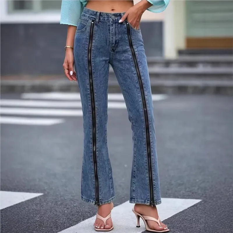 Women's Zipper Split Jeans Straight Leg mid Waist Long Pants Spring 2k Loose Wide Leg Blue Long Jeans Pants