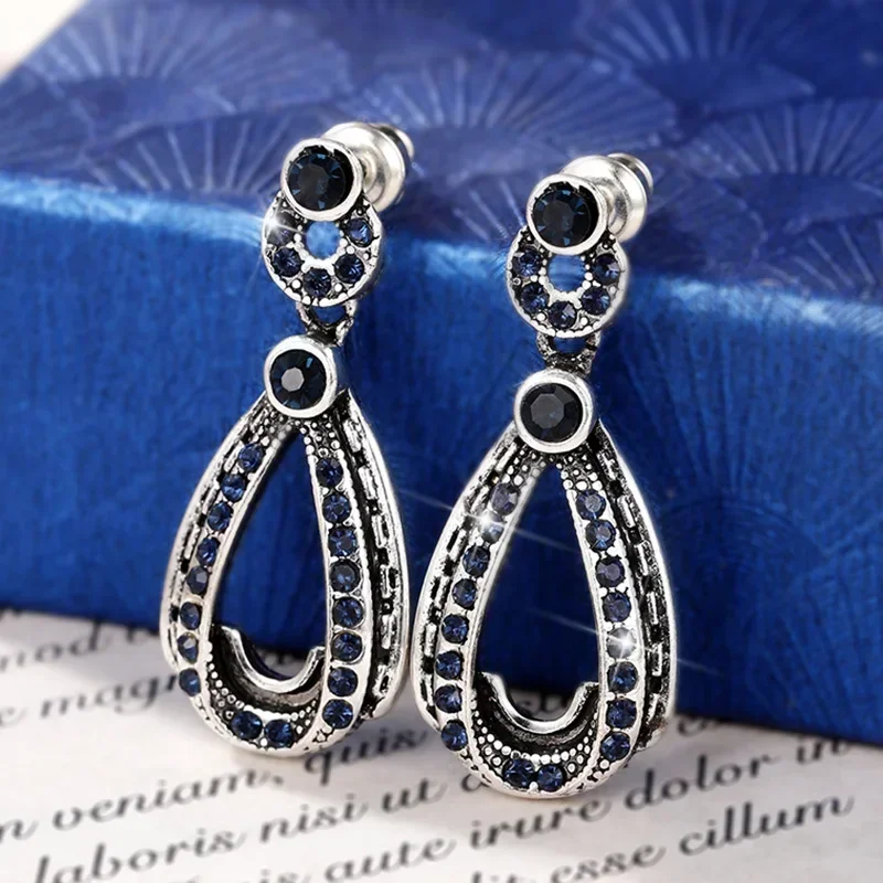 Vintage Antique Silver Color with Blue Stone Pear Drop Earring Women Retro Party Ethnic Style Accessories Female Earrings