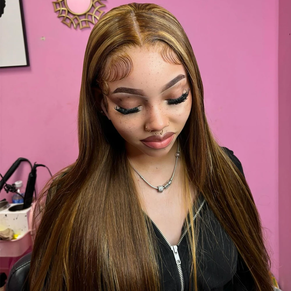 วิกผมแท้แบบตรง 30 นิ้ว ไฮไลท์แบบ Bone Straight  พร้อมเชือกผูกด้านหน้า 13x4 13x6  วิกผมลูกไม้ HD  วิกผมสีออมเบรสีบลอนด์น้ำผึ้งสำหรับผู้หญิง