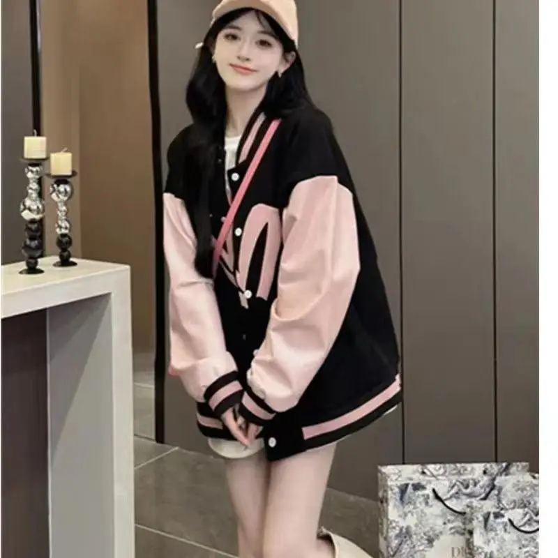 Black Baseball Jacket for Women in Spring and Autumn Versatile Design College Style Casual and Age Reducing Jacket Top