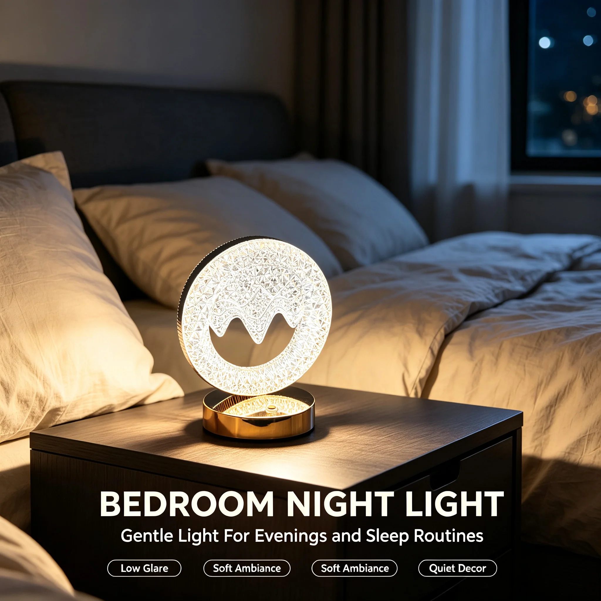 Mountain Pattern Crystal Table Lamp USB Rechargeable Touch Dimmable LED Night Lamp Diamond Cut Desktop Ambient Light Golden Base