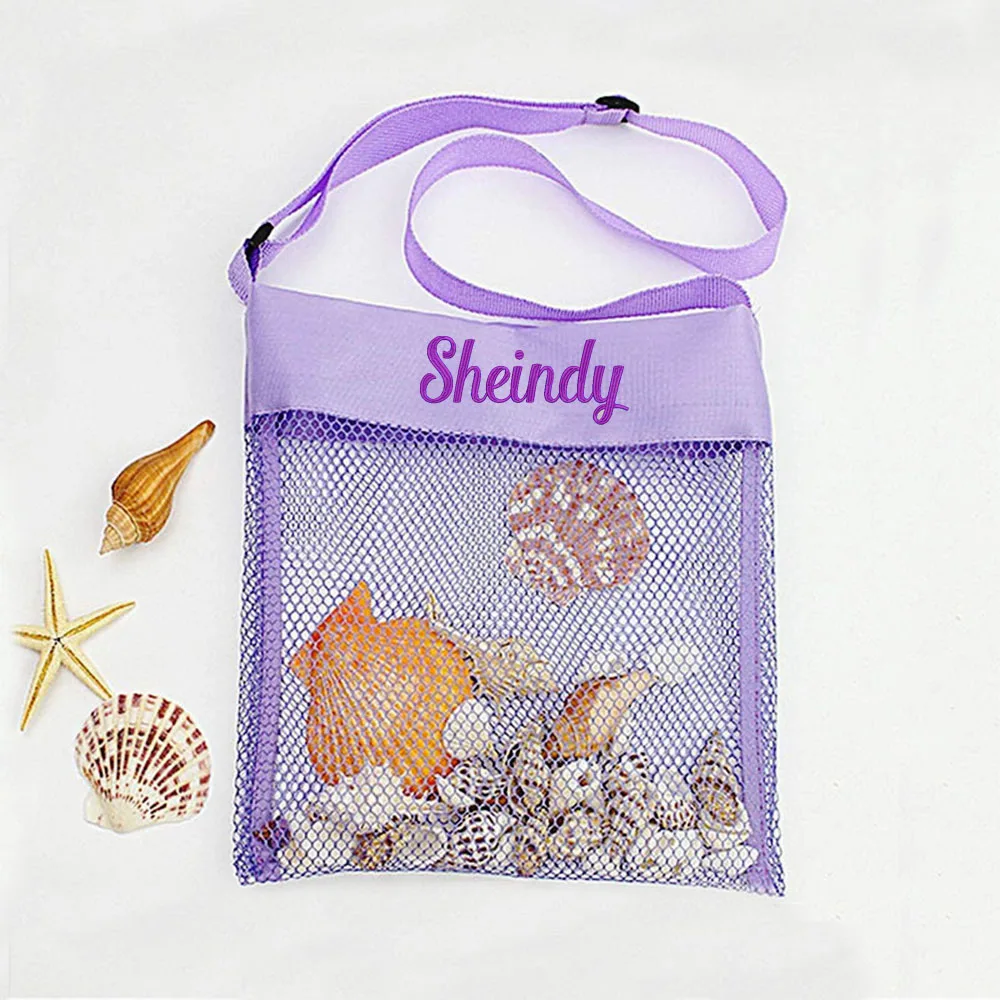 

Embroidered New Single Shoulder Backpack，Custom Name Seaside Travel Mesh Bag,Shell Bag ,Children's Beach Toy Storage Bag