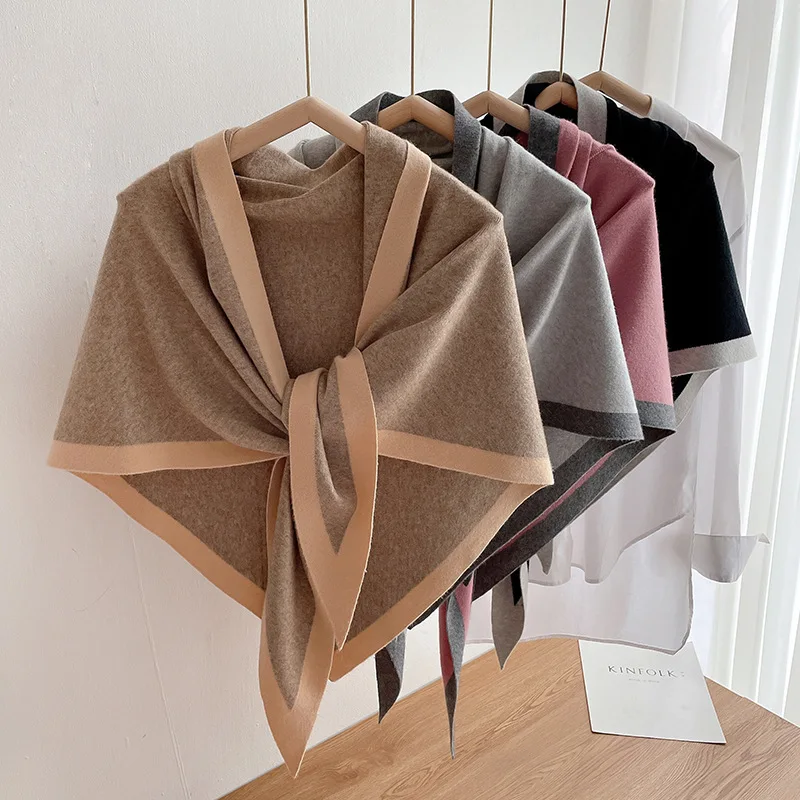 Soft Double-sided Cashmere Knitted Shawl Women Scarf Solid Color Triangle Scarf Cloak Windproof Warm Neck Protection Accessories