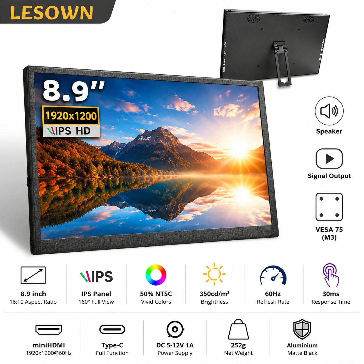 LESOWN Portable 8.9" Screen HDTV Display Driver-free Plug and Play for Business Laptop Sub-screen Easy Setup