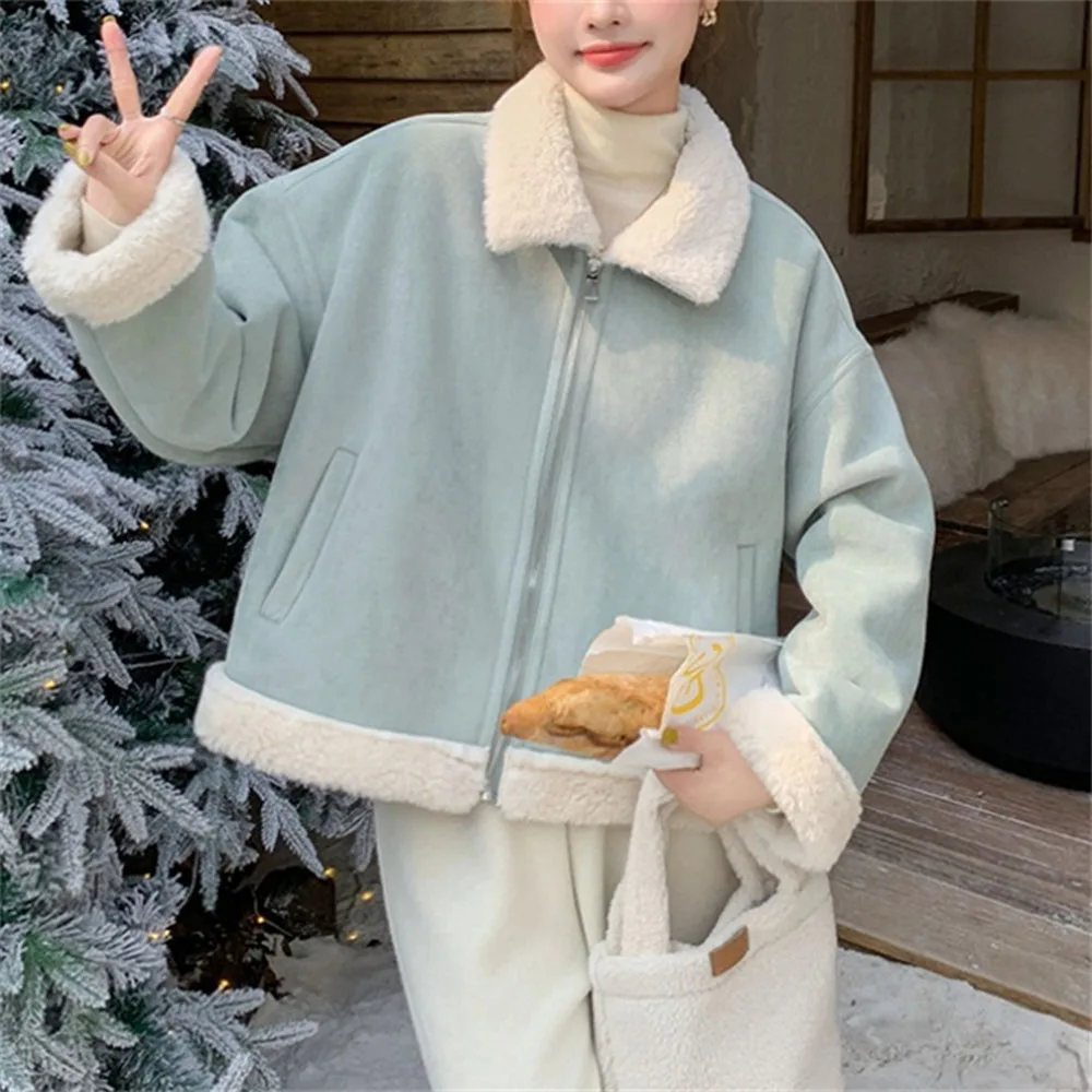 Women's Fur Coat Blue Imitate Lambhair Coat WinterJacket Thick Fur Integrated Warm Outerwear Korean Women Receive High Praise