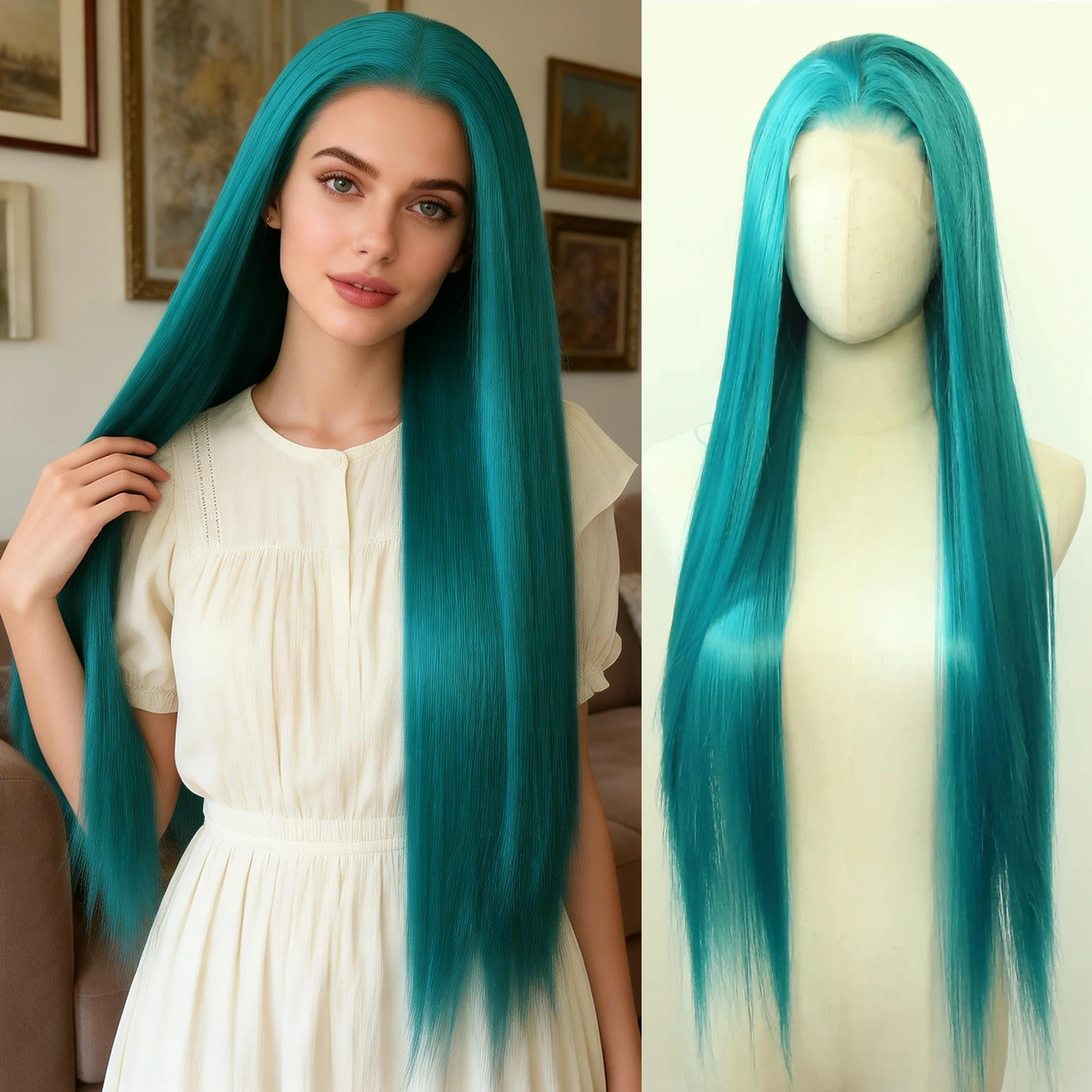 Teal Green Synthetic Lace Front Wig Long Straight Emerald Green Synthetic Wig Pre Plucked Heat Resistant Hair Wig