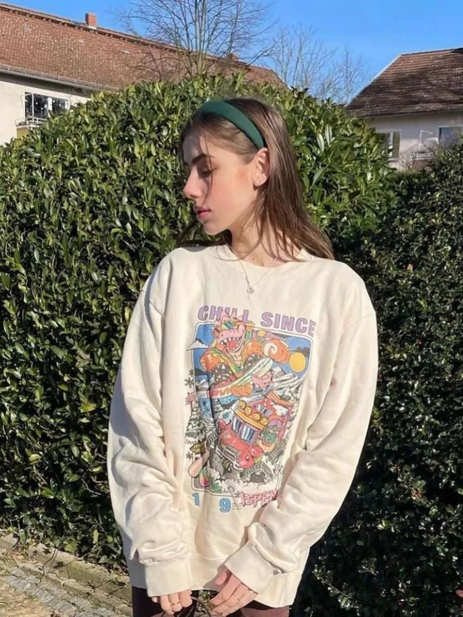 Sweat à capuche en coton imprimé dessin animé pour femme, col rond, manches longues, haut Y2K, streetwear vintage Harajuku, adt PVD, automne