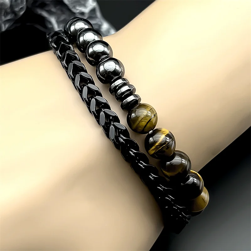 

Natural Tiger Eye Stone Hematite Bracelets for Women Men Beads Stainless Steel Hand Chain Reiki Healing Amulet Jewelry Gift