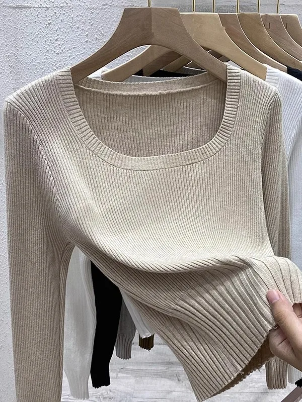 

Женский вязаный топ с квадратным вырезом, подчеркивающий талию, модный, для повседневной носки, с длинными рукавами, круглым вырезом горловины