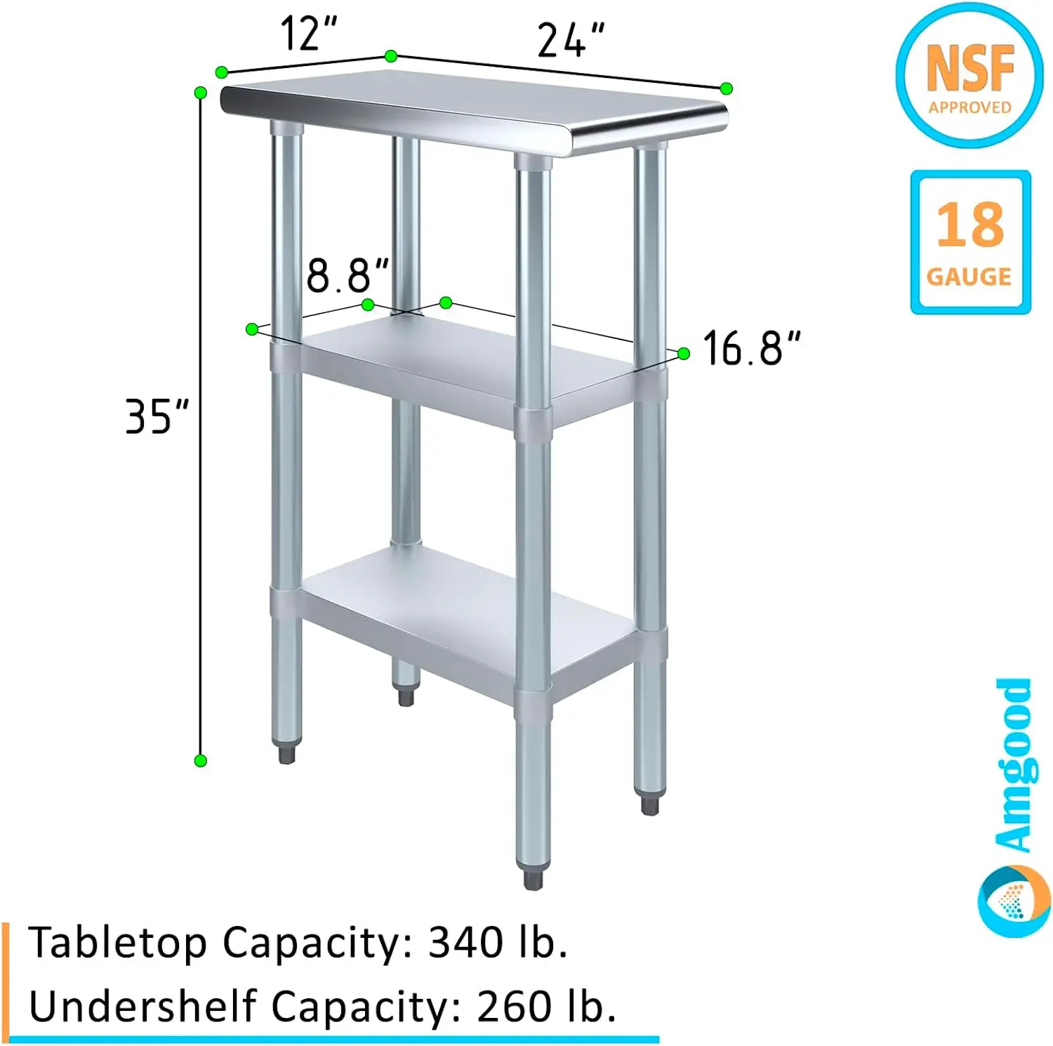 Mesa de trabajo de acero inoxidable con 2 estantes, mesa utilitaria de Metal NSF, 12 "de largo x 24" de profundidad