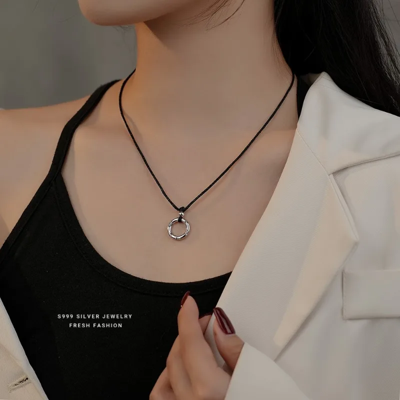 S999 Silver Braided Black Cord Safety Loop Necklace with Protection Pendant Adjustable Unisex Couple Minimalist Daily Wear Gift