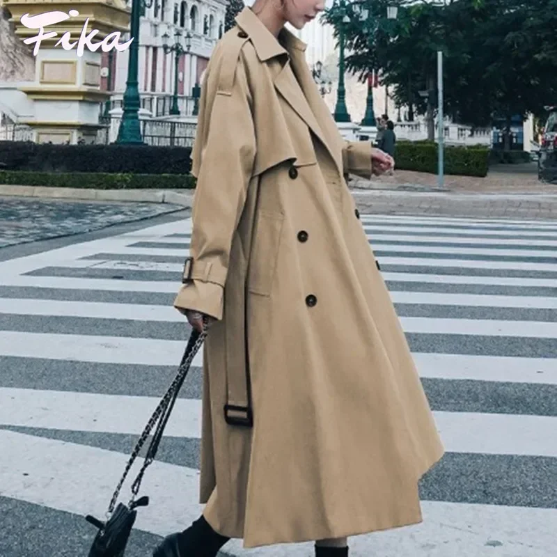 Loose Retros Double Breasted Black Khaki Windbreaker Women 2022 Autumn Fashion Design Vintage Tunic Sashes Casual Long Coat
