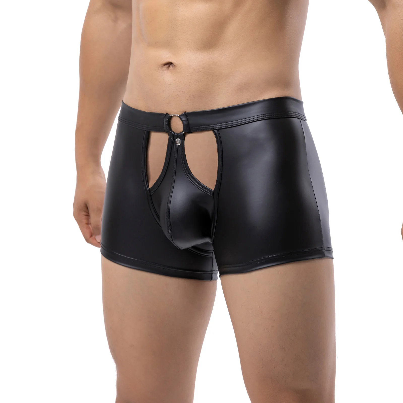 CLEVER-MENMODE Men Sexy Boxers Faux Leather Penis Pouch Panties Boxershorts Underwear Erotic Hollow Crotch Underpants Metal Ring