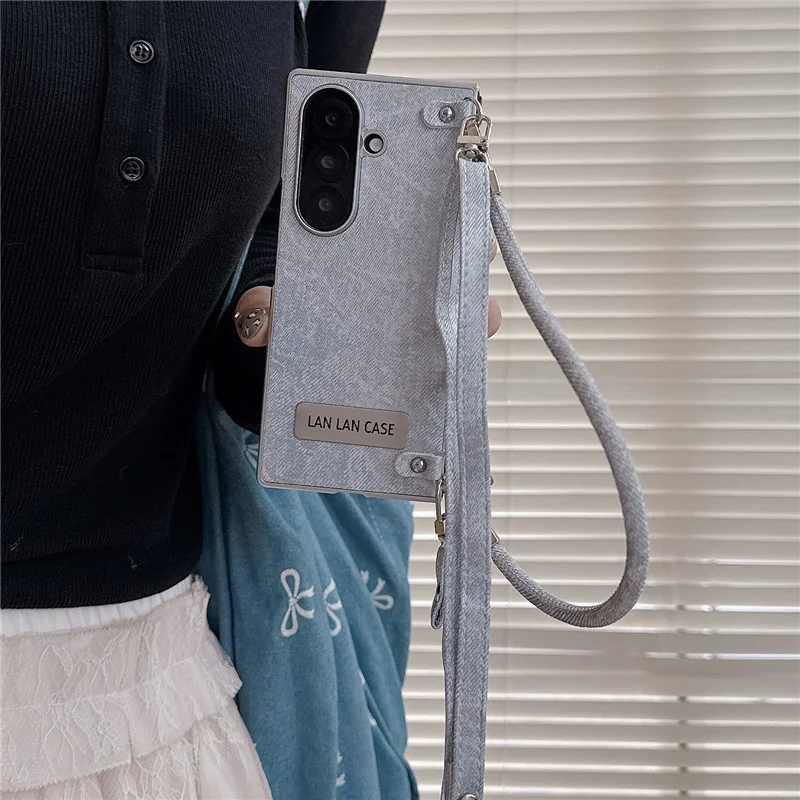 

Модный джинсовый кожаный чехол для телефона Samsung Galaxy Z Fold 7 6 5 4 Fold6 Fold7, чехол с веревкой через плечо, милые чехлы