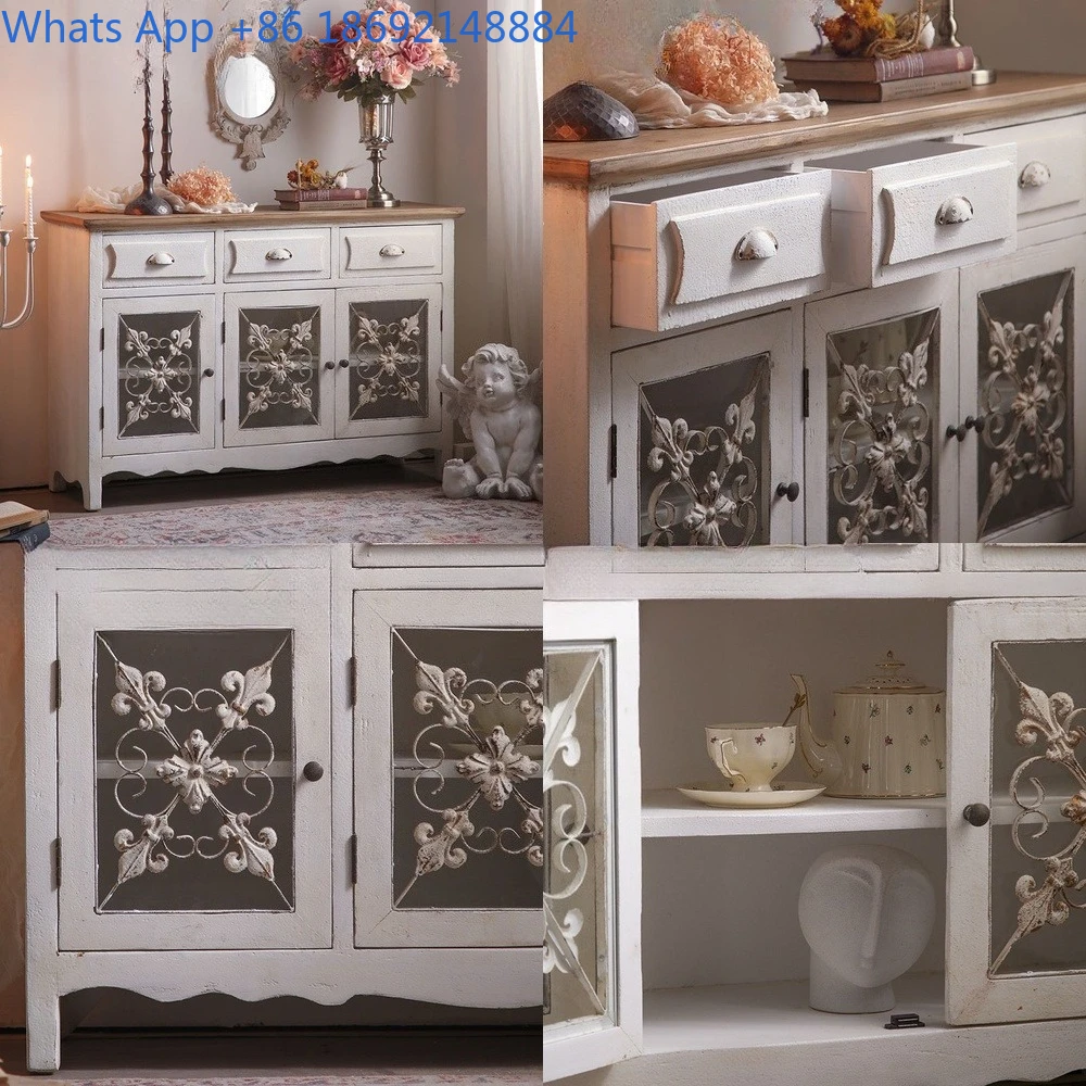 

Rustic American Style Vintage Entry Cabinet with Distressed Carvings Living Room Storage Shoe Cabinet for Home or Inn