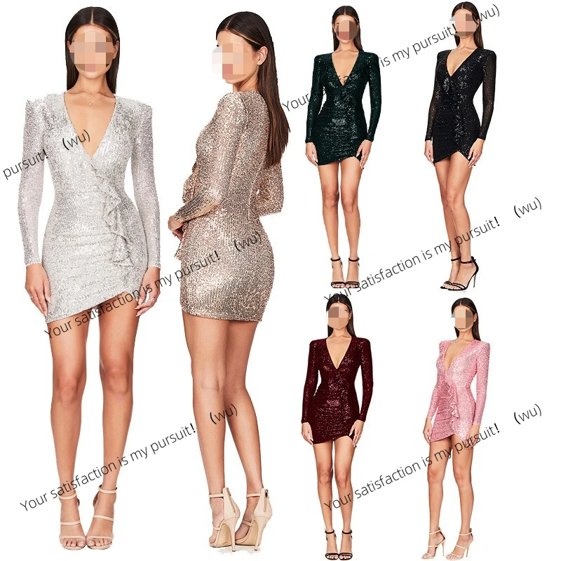 

Европейская и американская женская одежда с глубоким V-образным вырезом и блестками, тонкое плиссированное платье с рюшами по краям