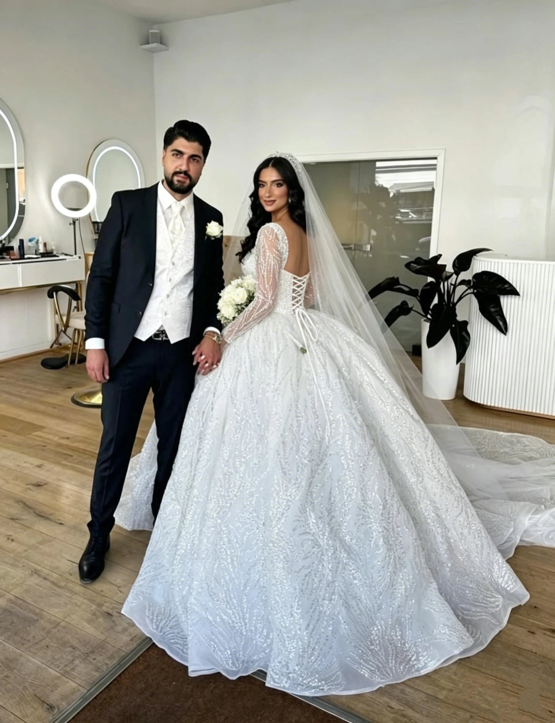 Luxurious Lace Bead Decoration Women's Wedding Dress Sexy Square Neck Transparent Long Sleeved Church Bride Dress Customized - view 2