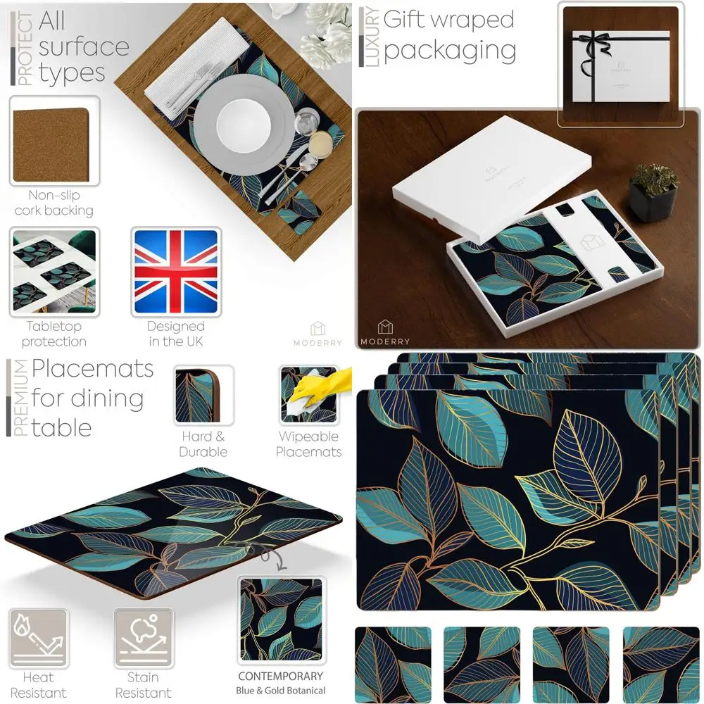 

Набор из 4 термостойких пробковых подставок под тарелки с эффектом мрамора и подходящими подставками под стаканы, 16x12 дюймов, салатово-зеленый ботанический дизайн