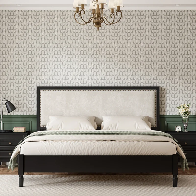 American retro solid wood bed modern simple master bedroom 1.5m 1.8m black soft bag