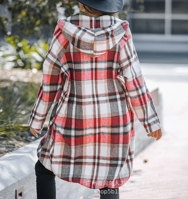 Jackets Women Hooded Coats Slim Fit Plaid Print Casual Zipper Mid Length Coat Full Sleeve Elegant Splice Jacket Autumn