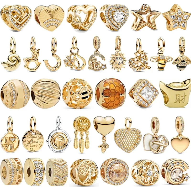 

Gold Plated Sparkling Leveled Hearts Square Halo Family Tree Dangle Charm Jewelry Beads Fit Original Pandora Silver 925 Bracelet