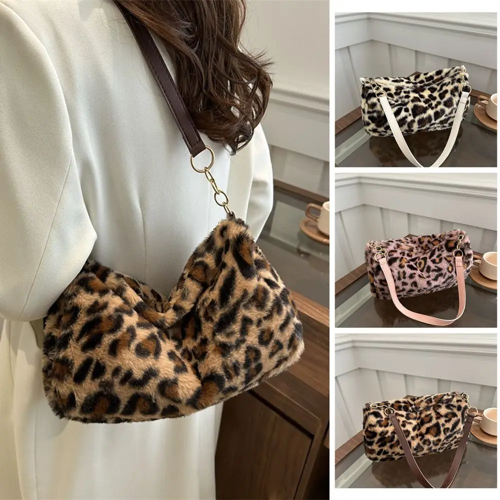

Fashion Leopard Print Handbag Plush Large Capacity Shoulder Bag Soft Tote Bag for Women
