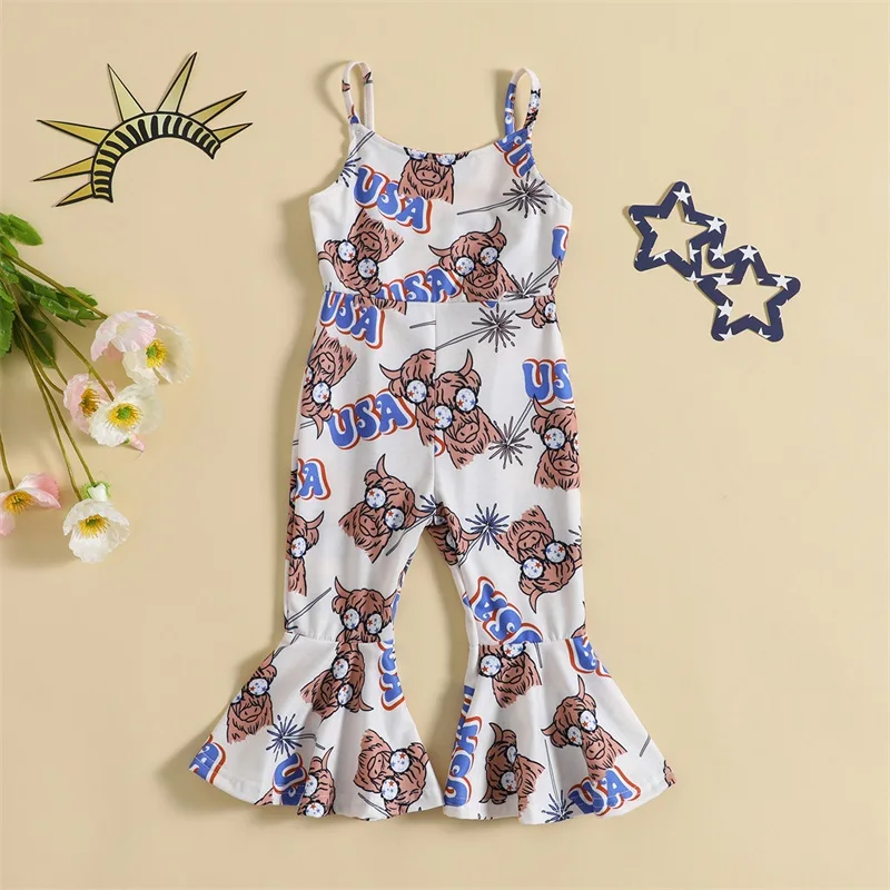 

Children s Girl American Flag Print Sleeveless Romper with Adjustable Straps and Flared Pants for Independence Day Celebrations