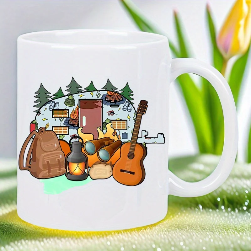 

Camping Adventure Ceramic White Mug - Nature Lover'S Travel Coffee Cup with Guitar, Lantern, and Backpack Design, Hand Wash Only