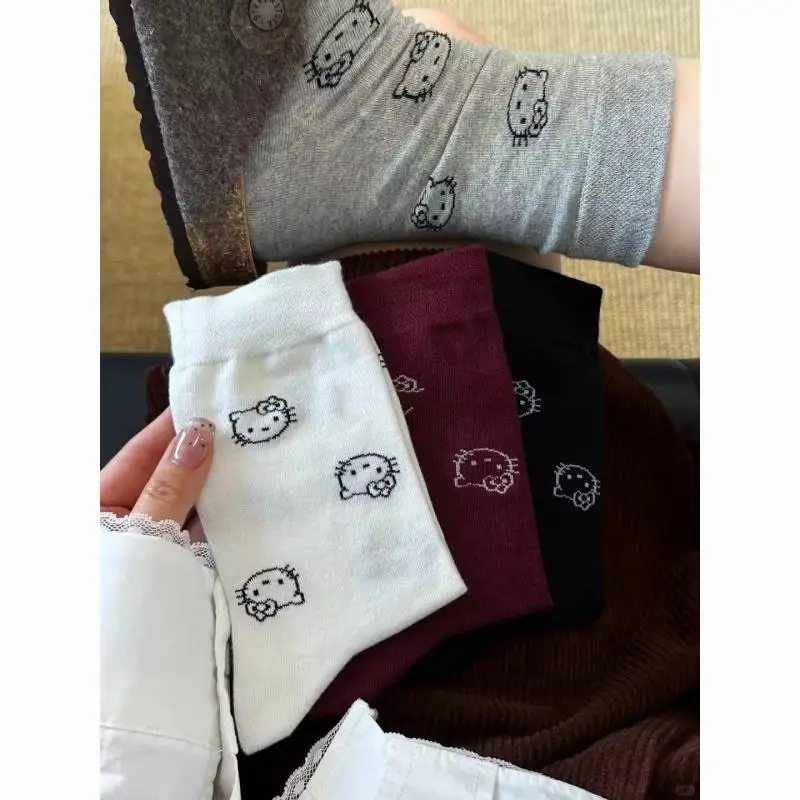 hot Sanrios Four Seasons Medium Socks Female Medium Socks Kawaii Hello Kitty Cartoon Anti-Odor Cotton Socks Household Items kit