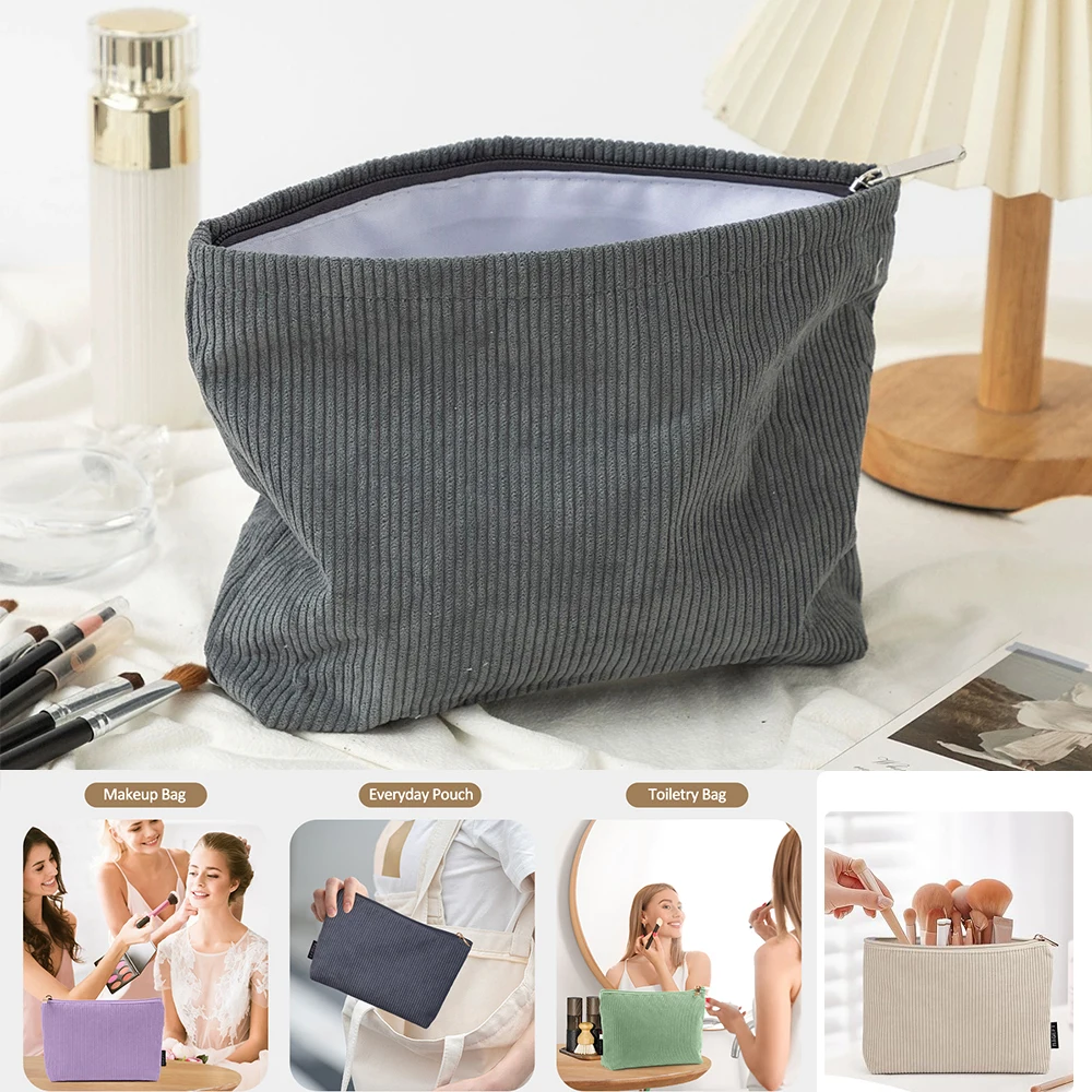 Makeup Bag Large Zipper Corduroy Make Up Pouch for Purse Travel Canvas Cosmetic Organizer for Women Brush Storage