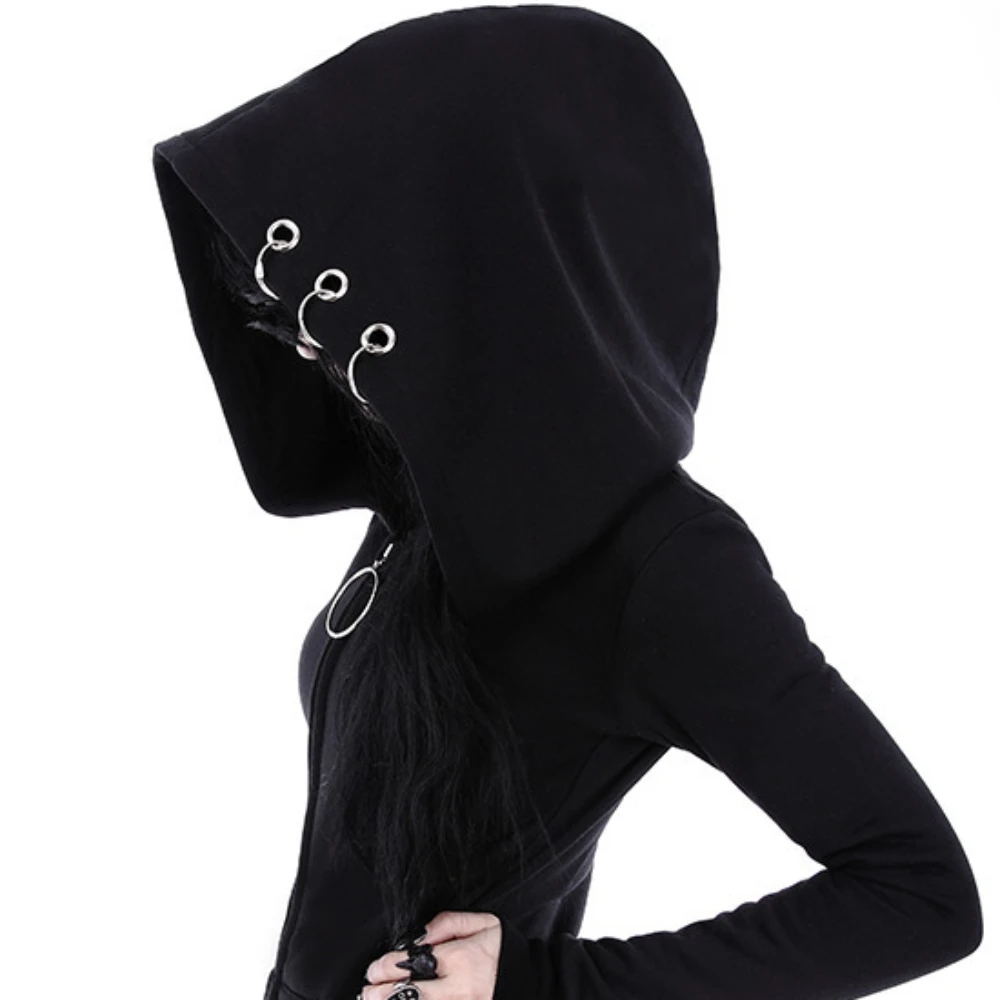 New in Outerwear Women Sweat-shirt Punk Zip Up Hoodie Oversized Long Sleeve Gothic Clothes Iron Ring Hooded Pocket Sweatshirt