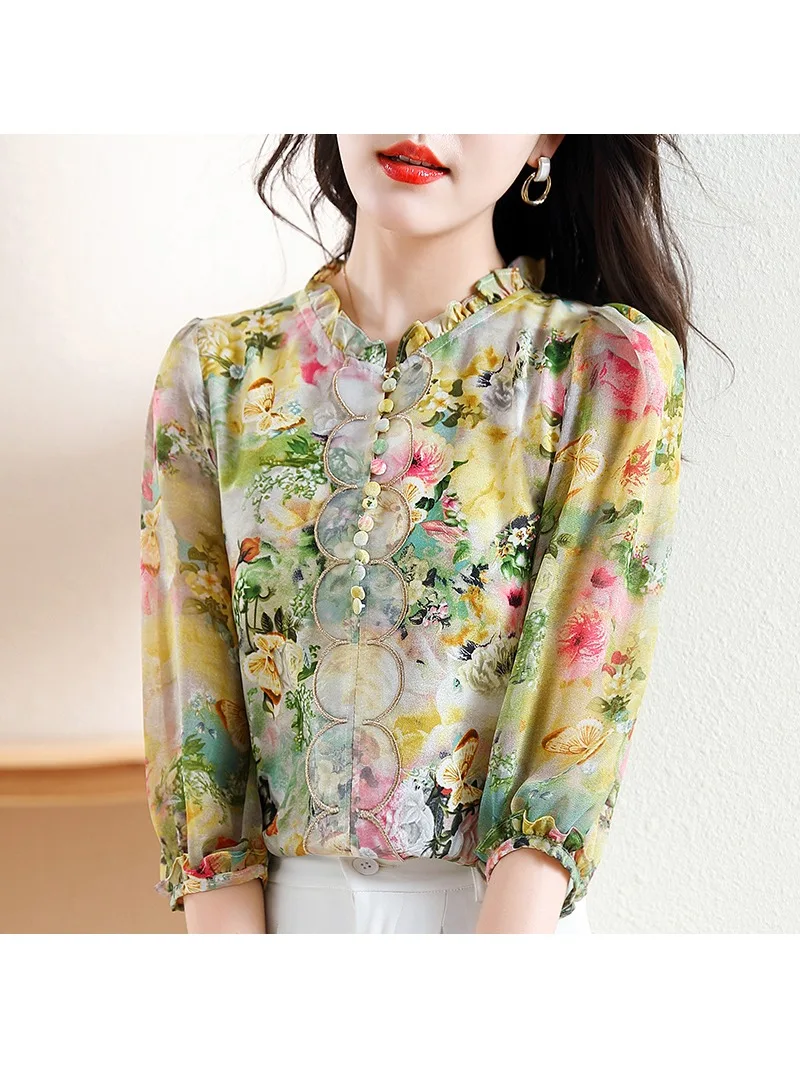 Women\'s Fashion Shirt Summer Korean Edition High end Thin Style Elegance Slimming Print Lantern Middle Sleeve Shirt for Women