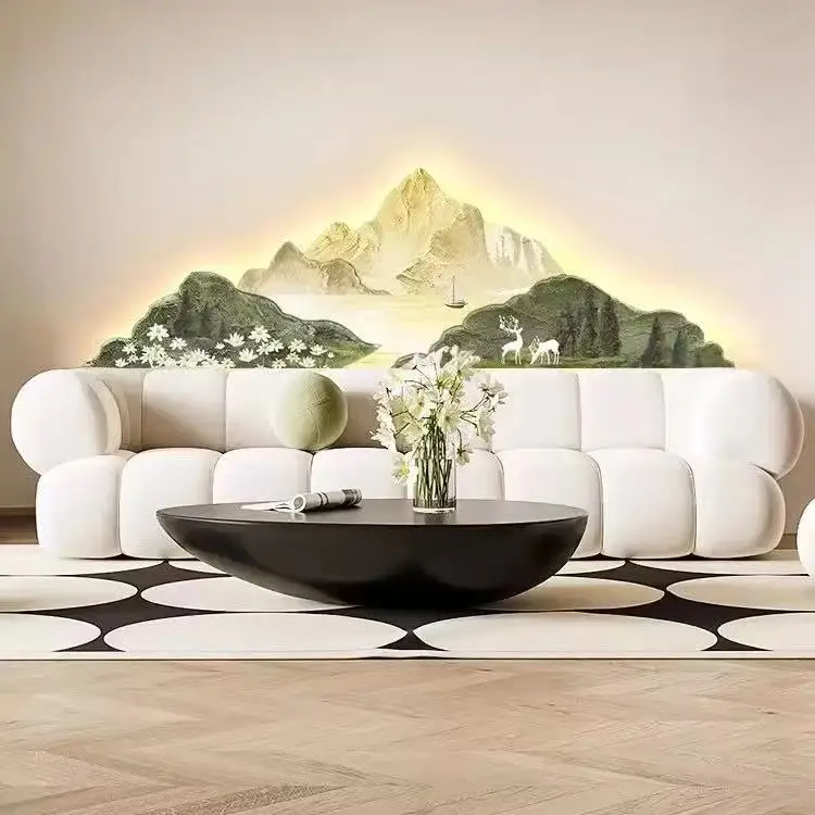 Crèmestijl schilderijen versieren bergschilderijen, high-end verlichting en achtergrond aan de muur gemonteerde wandlampen