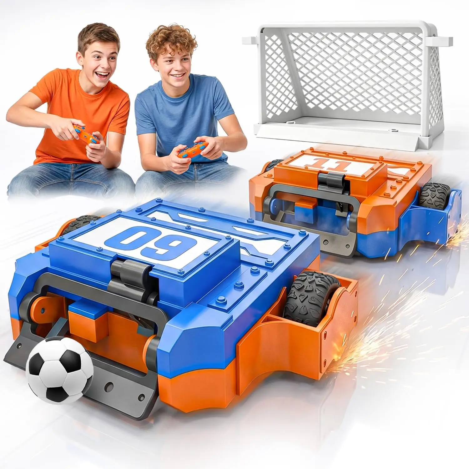 Remote-Controlled Soccer Car Set with Goal and Ball, Fighting Robots, Orange and Blue, Large - Perfect Birthday Twin Gifts for Kids