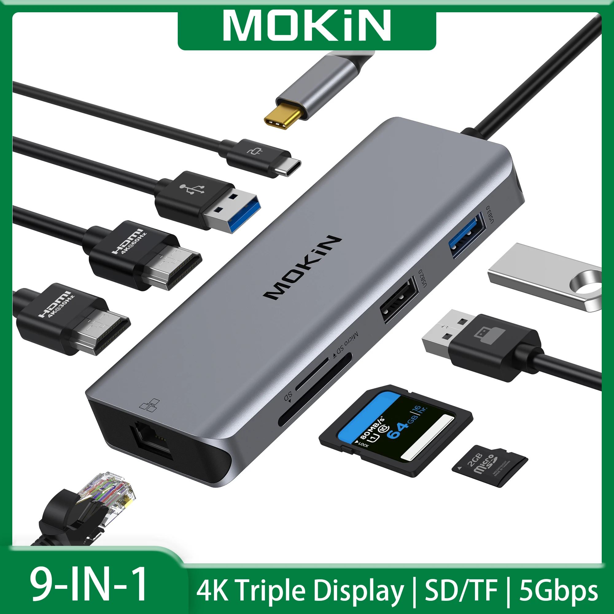 MOKiN 9 in 1 USB C Hub Dual HDMI Adapter USB-C 3.0 Hub Docking Station USB C to Dual HDMI 4K@60Hz Monitor for Laptops Macbook