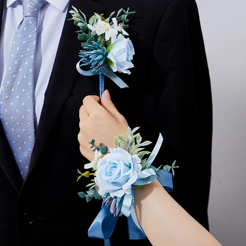 Azul lótus rosa corsage e boutonniere baile de formatura flor artificial pulso corsage pulseiras baile corsage pulseira