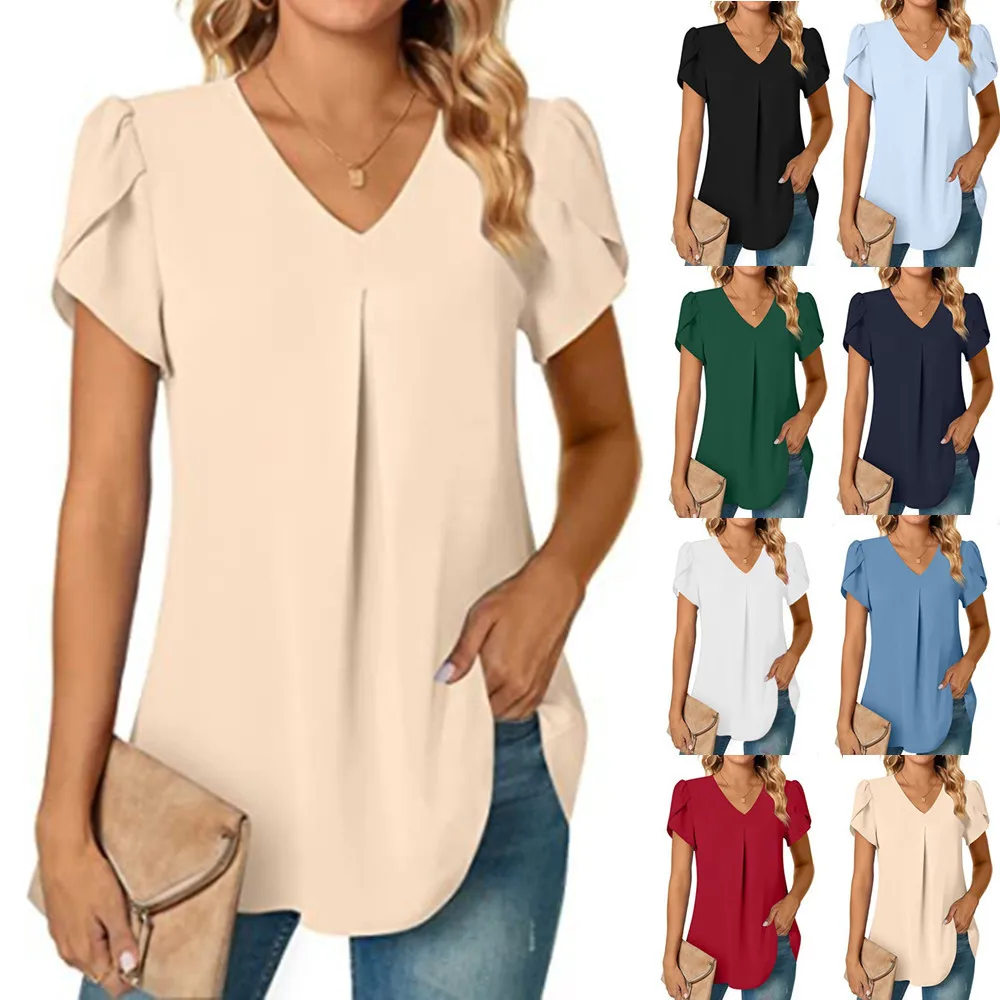 

Women Comfortable Blouses 2024 Spring Summer Latest Casual Solid Minimalist V-Neck Lotus Leaf Sleeve Shirt Short Sleeve Top