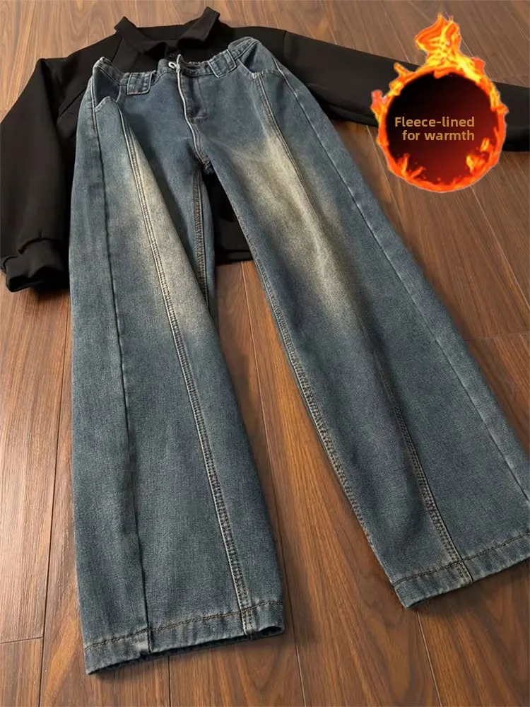

Retro Blue Fce Lined Waed Denim Jeans Men's Winter American High Street Loose Straight Leg Workwear Trousers