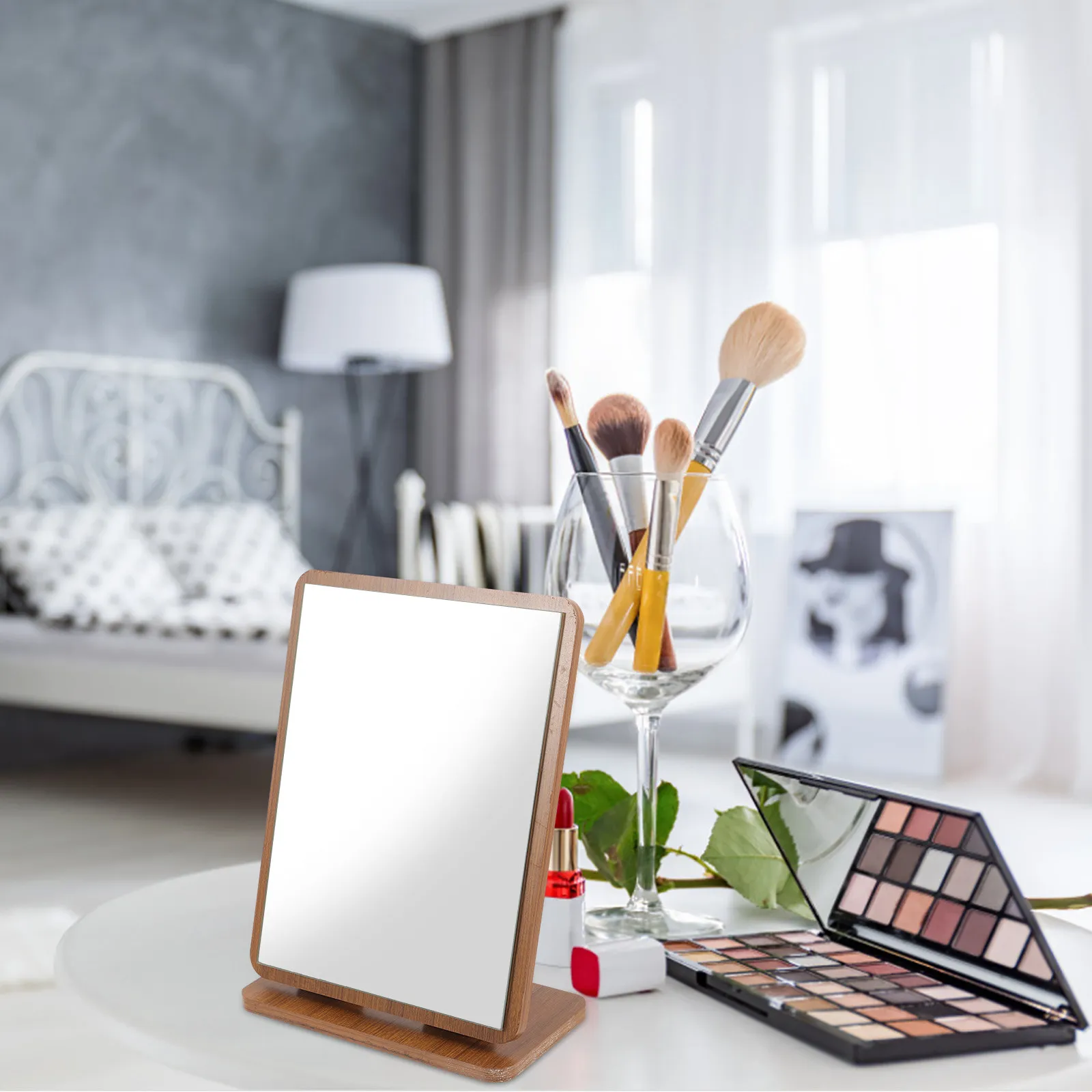Slim Wooden Makeup Mirror with 360° Swivel for Skincare, Grooming & Vanity Use – Desktop & Dorm Decor