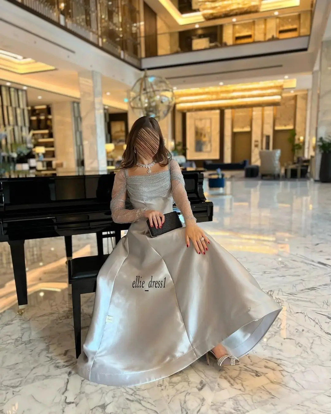 Silver Satin Long Sleeves Prom Dresses Square Neck Sequins Floor Length Saudi Arabic Women Evening Party Dress