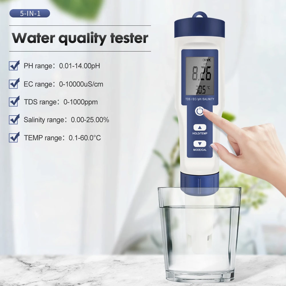 EZ-9909B Digital Water Quality Monitor Tester 5 in 1 TDS/EC/PH/Salinity/Temperature Meter for spa swimming pool Aquariums