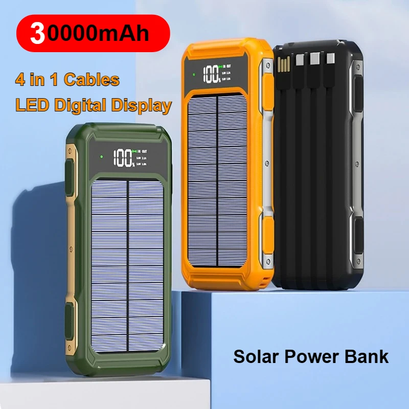 

30000 мАч, аккумулятор на солнечной энергии большой емкости, интеллектуальный цифровой дисплей, встроенный 4-проводной кабель, лазерный свет для Huawei Xiaomi IPhone
