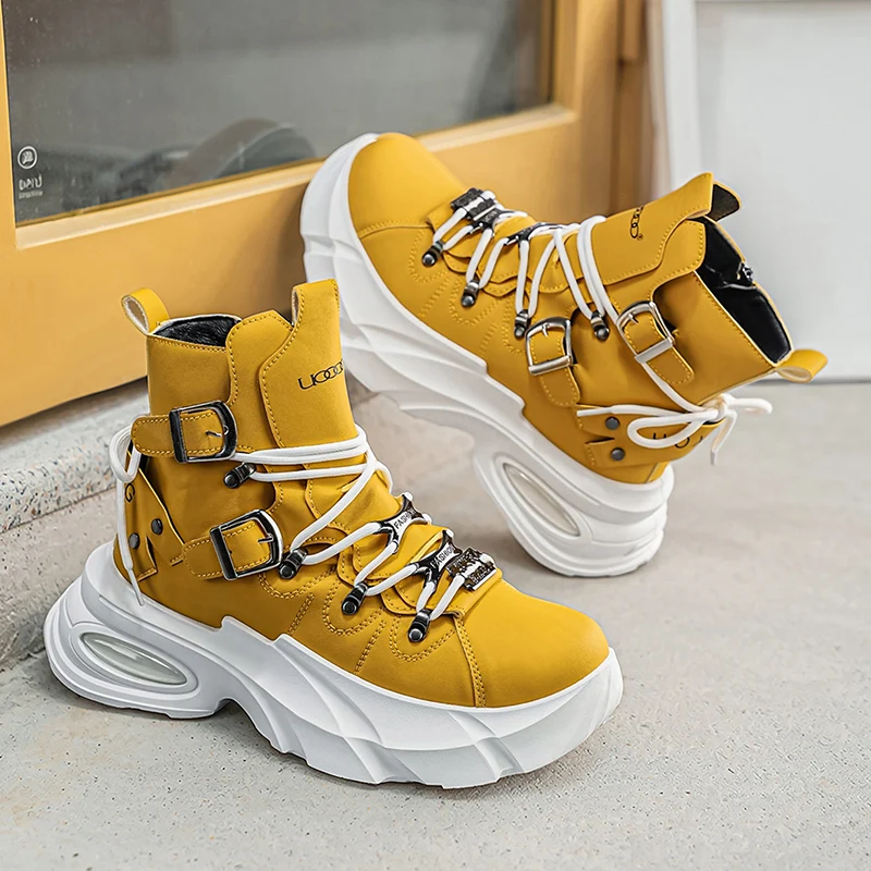 Men's Fashion Versatile Punk-Style Buckle High-Top Thick-Soled Motorcycle Boots Trendy Gothic Style Ankle Street Hip-Hop Boots