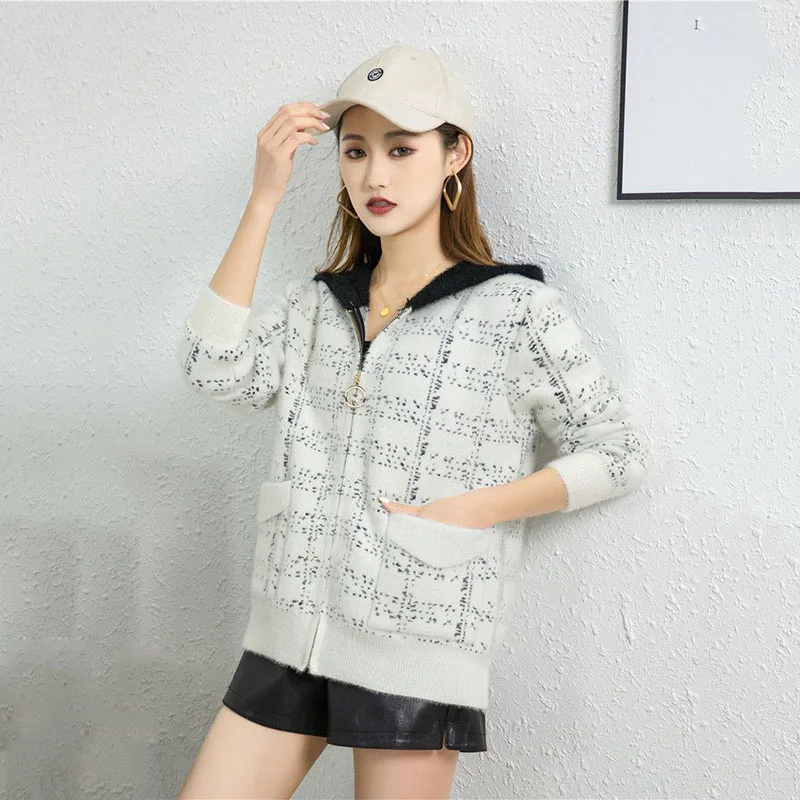 

Imitation Mink Velvet Coat Women Fashion Spring Autumn Winter Jacket Tops Short Casual Hooded Knitting Sweater Outerwear Female