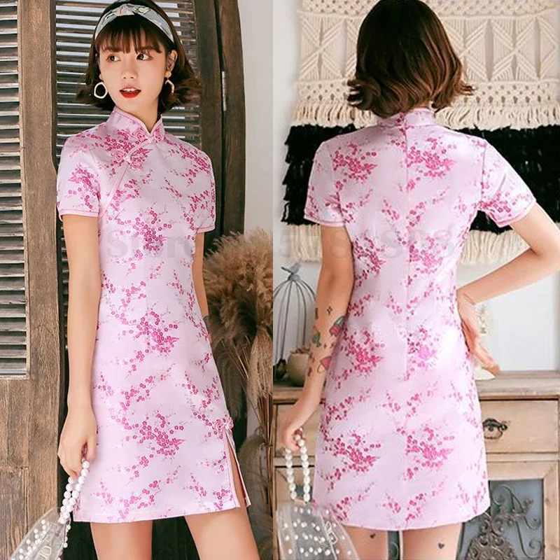 

Plum Blossom Printed Qipao Sexy Slim Mini Chinese Dress Vintage Mandarin Collar Cheongsam Traditional Vintage Button 3XL Qipao