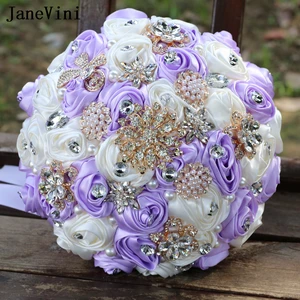 JaneVini Luxury Rhinestone Pearls Crystal Wedding Bouquet Light Purple Rose Bride Flowers Artificial Bridal Hand Bouquet Buquês