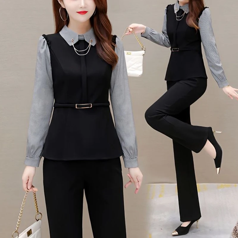 Lente Herfst Mode Broek Sets Vrouwen Pop Kraag Lange Mouw Met Knoop Rits Pullovers Effen Kleur Elastische Taille Elegante Broek