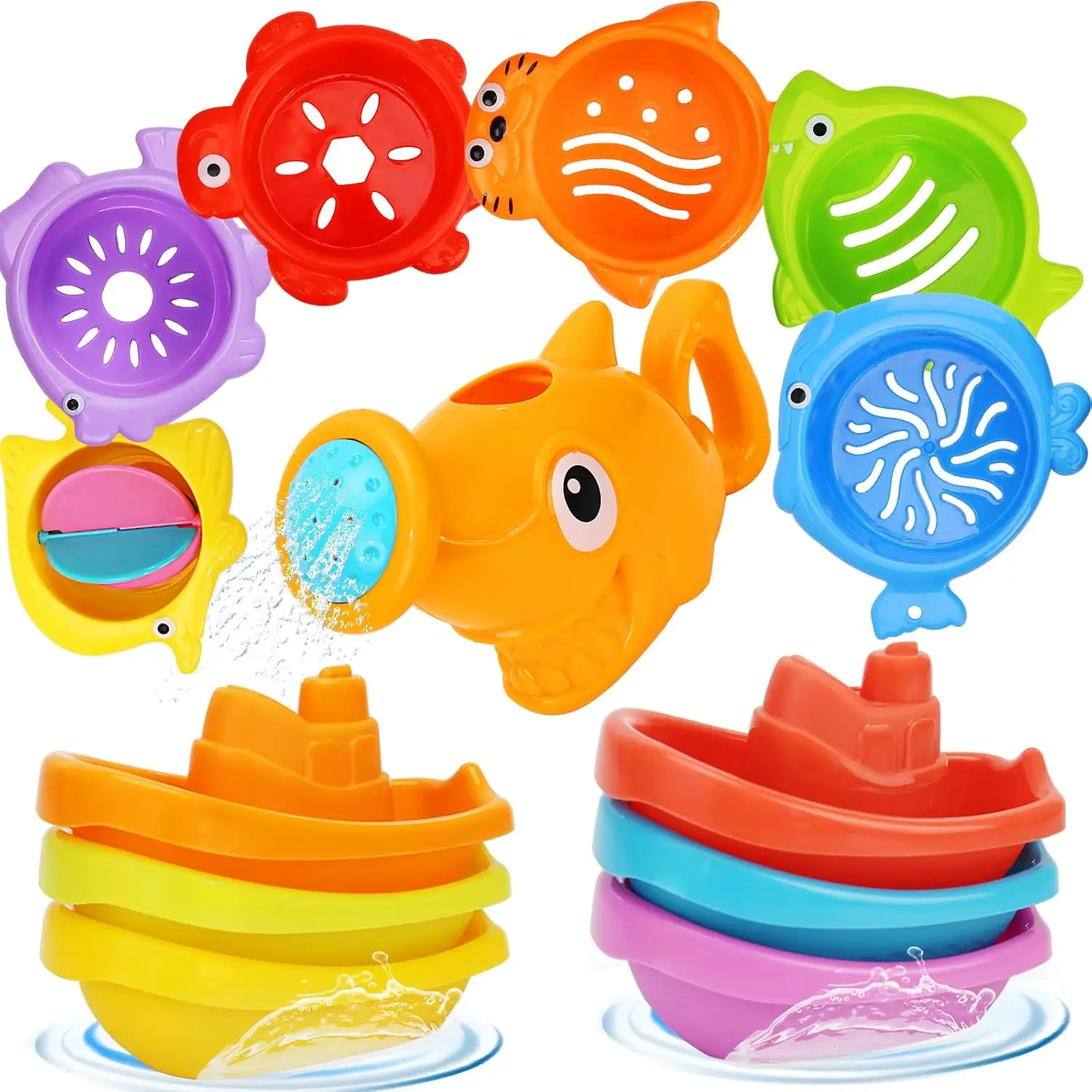 

Bath Toys with Floating Boats and Spoon Shower, 13 PCS Bathtub Toy Set for Babies Water Table Pool Birthday Gift